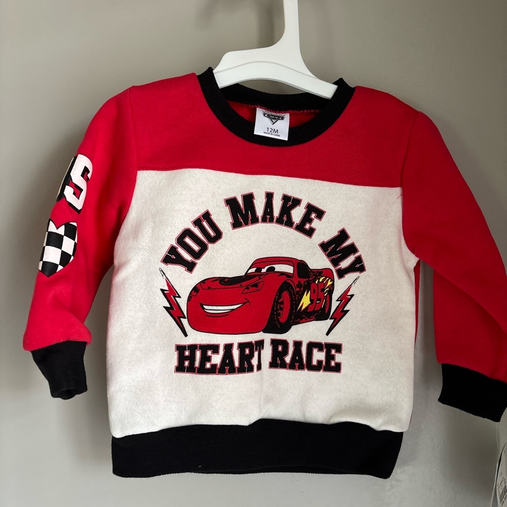 Disney Cars Red and White Sweatshirt Valentines Day Heart Race 12m